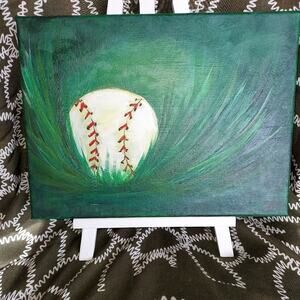 Baseball In Grass Acrylic Painting 9x12 Stretched Canvas Original Hand painted